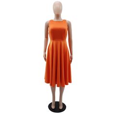 Solid Color Simple Sleeveless Tank Top Casual Dress Solid Color Midi-length Sleeveless Sundress, Solid Color Midi Length Sleeveless Sundress, Solid Color Midi Sundress, Stretch Sleeveless Midi Dress, Solid Color Spring Sleeveless Dress, Spring Sleeveless Stretch Dress In Solid Color, Sleeveless Solid Orange Dress, Sleeveless Stretch Orange Dresses, Spring Sleeveless Stretch Midi Dress