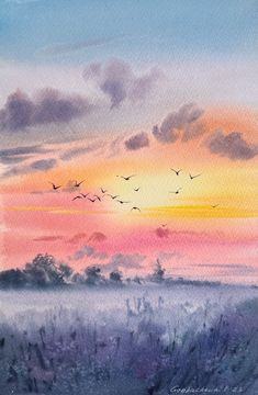 watercolor painting of sunset with birds flying in the sky and trees on the horizon