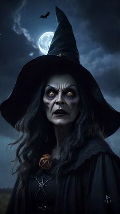 a woman wearing a witches hat with her eyes glowing