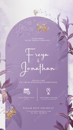 a purple wedding card with flowers on it