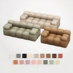 three couches with different colors and sizes are shown in this graphic style, including one for