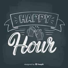 happy hour lettering with two beer mugs