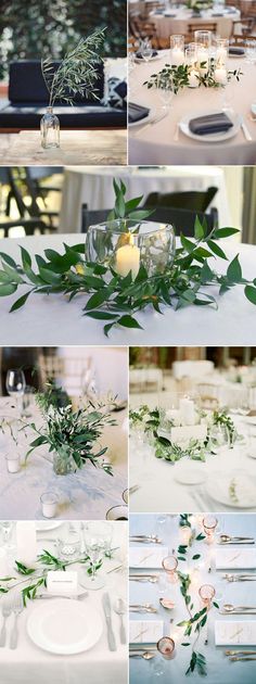 the table is decorated with greenery and candles