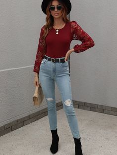 Our Tayla Top comes in a classic claret color. Never disappoint in this spectacular staple that is designed with a soft v-neckline, long puff puff sleeves with lace embroidery and tight fit on bodice. Be on point with a tea-length knit skirt and a pair of our designer boot! Size Guide: Eloise is 5’6” tall, and has a 33.5” bust, 24.8”waist, & 37.4” hips. She is wearing a S / US 4 / AU 8. This knit top is true to size. Material: 65% viscose, 35% polyamide. Key Features: Relaxed fit. Long sheer puf V-neck Lace Patchwork Top For Fall, Fall Crew Neck Lace Top With Lace Sleeves, Crew Neck Lace Top With Lace Sleeves For Fall, Fitted Top With Lace Patchwork For Fall, Fitted Red Lace Top, Stretch Lace Top With Crew Neck For Fall, Fall V-neck Lace Patchwork Top, Fall Lace Patchwork V-neck Top, Fitted Lace Top With Puff Sleeves