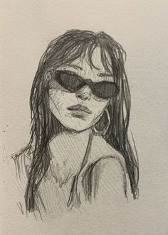 a drawing of a woman wearing sunglasses and looking off to the side with long hair