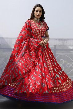 Shop for Pooja Rajgarhia Gupta Embroidered Lehenga Set for Women Online at Aza Fashions Round Neckline Blouse, Red Lehenga, Embroidered Lehenga, Embroidered Neckline, Embroidered Blouse, Set For Women, Aza Fashion, Geometric Print, Cobalt Blue