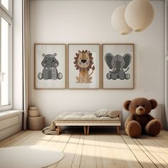 a room with three pictures on the wall and a teddy bear