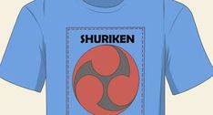 a blue t - shirt with an image of a red circle on the front and black lettering that reads, shuroken