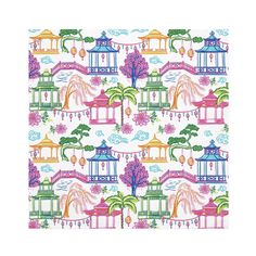 a colorful wallpaper with pagodas and trees on the outside, in bright colors