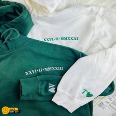 Personalized Roman Numeral Embroidered Hoodie, Custom Couple Matching Anniversary Hoodie, Comfort Colors Pullover Tee Tops, Gift for Couples 🌟 Explore our commitment to unparalleled quality and personalized style! Enjoy a fantastic 70% off our entire collection! 🎉 Don't wait--this limited-time offer won't last. Share the joy with loved ones and create lasting memories with our carefully crafted items. ❤️ PRODUCT HIGHLIGHTS: ♦ 4.5-ounce, 100% ring spun US cotton 🇺🇸 🔵 90/10 ring spun cotton/p Hooded Sweatshirt With Custom Embroidery For Fall, Fleece Hoodie With Letter Embroidery And Long Sleeves, White Hoodie With Custom Embroidery For Winter, Green Long Sleeve Hoodie For College, College Hoodie With Letter Embroidery And Long Sleeves, Embroidered Hooded Sweatshirt For College, Hooded Tops With Letter Embroidery For Winter, Custom Embroidered Hooded Sweatshirt For Fall, Green Hoodie With Letter Embroidery For Fall