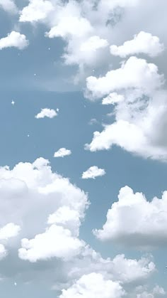 a group of people flying kites in the sky on a sunny day with white clouds