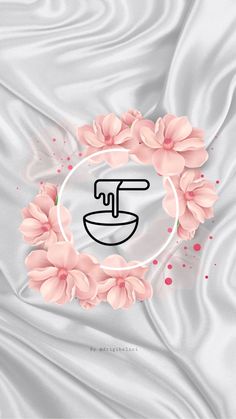 the letter f is surrounded by pink flowers on a white satin background with red spots