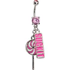 a pink and white candy bar belly ring with the word sweet on it's side