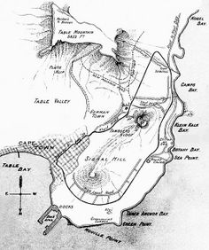 an old black and white map shows the location of cape town, which is located on top of a hill