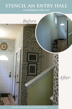 an entry hall before and after remodeling with wallpaper in the hallway