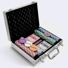 an open briefcase filled with poker chips and playing cards