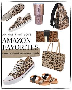 an animal print love amazon favorites ad with shoes, handbags and purses