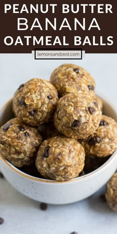 no bake peanut butter banana oatmeal balls in a bowl with chocolate chips