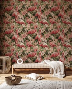 a room with flamingos on the wall and floor