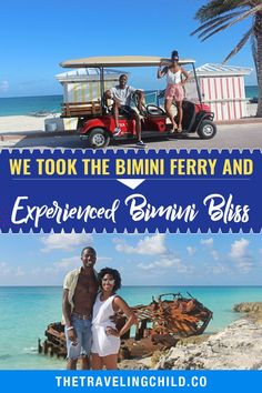 two people standing next to each other in front of a golf cart on the beach