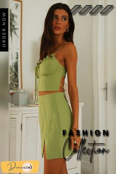 Lime Green Crop Top and Skirt Matching Sets Plaid Top And Skirt, Green Crop Top, Strap Crop Top, Bodycon Floral Dress, Trendy Fashion Outfits, Crop Top And Shorts, Top And Skirt, Crop Top Blouse, Plaid Tops