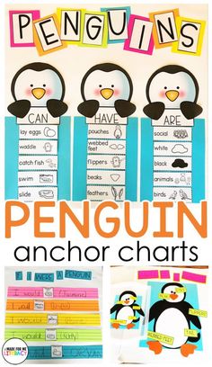 penguin anchor chart with penguins on it, and the words penguin anchor chart in different languages