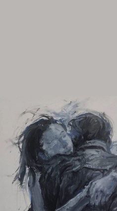 an abstract painting of two people hugging each other in black and white, against a light gray background