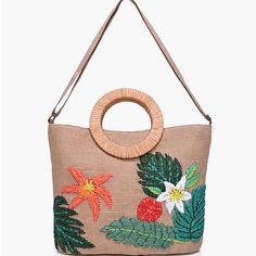 New With Tags. Multi-Purpose Tote Raffia Embroidered Flowers In Front Round Wicker Handle Long Detachable Crossbody Strap Made In Jute Magnetic Button Closure Lined Interiors Zip Pocket And Pocket Organizers Inside Size : 15" X 11" X 4.5" Vacation Bag With Multicolor Embroidery, Summer Vacation Bags With Floral Embroidery, Multicolor Embroidered Vacation Bag, Floral Embroidered Bags For Summer Vacation, Floral Embroidered Summer Vacation Bags, Multicolor Embroidery Shoulder Bag For Beach, Spring Multicolor Embroidered Shoulder Bag, Multicolor Embroidery Beach Bags, Summer Bags With Multicolor Embroidery