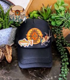 One of a kind trucker hat! Perfect for any event & very stylish. Trucker Hat With Curved Brim For Country Events, Adjustable Trucker Cap For Rodeo, Flat Brim Baseball Cap For Country Events, Trucker Hat With Short Brim, Adjustable Snapback Hat For Country Events, Fun Trucker Hat For Country Events, Adjustable Trucker Hat With Curved Brim For Rodeo, One Size Fits Most Trucker Hat For Rodeo, Curved Brim Trucker Hat For Rodeo