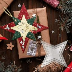 presents wrapped in brown paper and decorated with stars