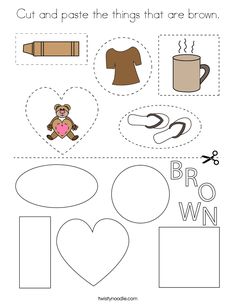 cut and paste the things that are brown worksheet for kids to learn about shapes