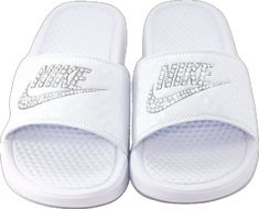 Custom Nike Slides, Crystal Types, Nike Benassi Slides, Swarovski Nike, Bling Sandals, Nike Benassi, Tie Sneakers, White Slides, Nike Slides