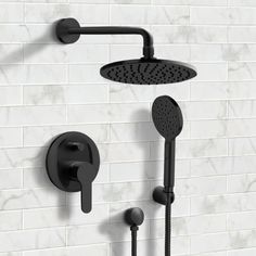 a black shower faucet with thermostaer and hand shower head