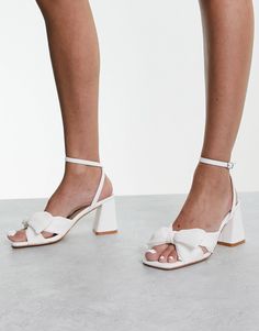 Glamorous mid heel sandals with bow in white | ASOS Chic White Sandals With Bow, White Open Toe Heels With Bow Straps, White Block Heels With Buckle Closure, Summer Block Heels With Bow Straps, White Open Heel Heels With Bow, White Heels With Bow And Open Heel, White Open Heel Sandals With Bow, White Sandals With Bow And Open Heel, White Open Toe Sandals With Bow