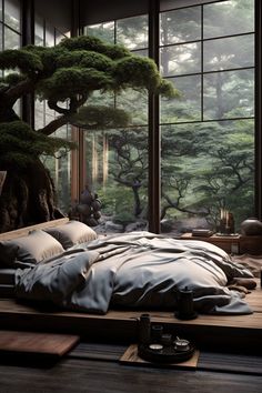 a bed sitting under a window next to a tree