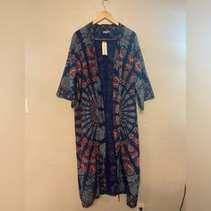 Nwt Earthbound Blue, Aqua, Red, White Boho Long Mandala Kimono Robe - S/M - Has One Small Defect On Fabric, Slightly Bleached Area On Back (See Pics), But Not Too Ok Noticeable On. Blue Outerwear For Spring Loungewear, Casual Cotton Winter Kimono, Casual Winter Cotton Kimono, Casual Long Blue Outerwear, Blue Long Cotton Outerwear, Long Blue Cotton Outerwear, Multicolor Cotton Outerwear For Loungewear, Blue Casual Winter Kimono, Blue Casual Kimono For Winter