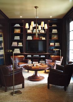 a living room filled with lots of furniture and bookshelves on top of shelves