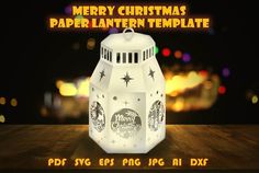 merry christmas paper lantern template for photoshopped and lite up with lights in the background