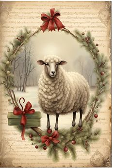 a sheep standing in front of a christmas wreath