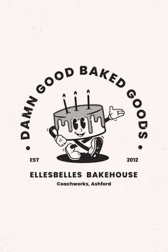 a logo for a bakery called damn good baked goods, with a cartoon character holding a knife