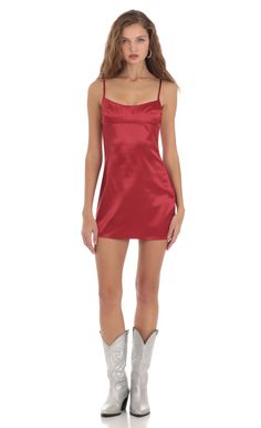 Olia Satin Dress in Red | LUCY IN THE SKY Silk Burgundy Dress, Satin Hoco Dress Short, Red Satin Cocktail Dress, Red Hoco Dress Short, Red Satin Dress Short, Tight Short Dresses, Satin Red Dress, Hoco Dress Short, Red Hoco Dresses