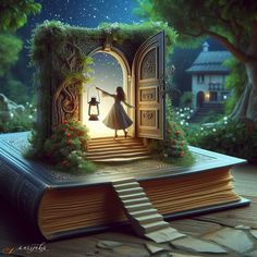 an open book with a woman standing at the entrance to a fairy - themed door