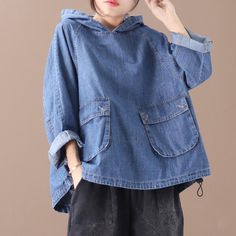 Plus Size - Loose Solid Color Drawstring Denim Hoodie - Jverny Hooded Washed Top For Streetwear, Hooded Washed Tops For Streetwear, Spring Denim Hooded Hoodie, Casual Relaxed Fit Hoodie With Pockets, Trendy Hooded Cotton Denim Jacket, Spring Hoodie With Pockets Relaxed Fit, Spring Hoodie With Pockets In Relaxed Fit, Washed Cotton Hoodie Top, Blue Denim Hoodie For Spring