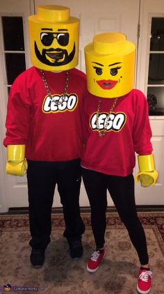 two people dressed up as lego characters