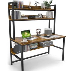 [Multi-functional desk] : This desk can create extra storage space for you, with it, you not only have a computer desk, but also have a small bookshelf. Student Table, Forest Bedroom, Bookshelf Home, Brown Desk, Dream Desk, Desk With Hutch, Computer Desk With Hutch, Space Saving Design, Industrial Desk