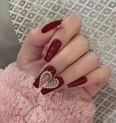 Dark Red With Hearts Rhinestones Design Press on Nails Fake Nails Glue Nails Dark, Red Acrylic Nails, Nagel Tips, Red Nail Designs, Really Cute Nails, Red Nail, Prom Nails, Heart Nails, Valentine's Day Nails