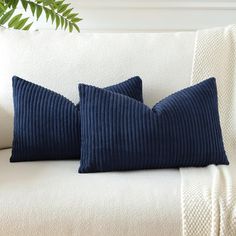 two blue pillows sitting on top of a white couch next to a potted plant