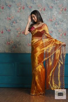 Orange Saree Look, Orange Saree, Tissue Saree, Yellow Saree, Net Saree, Contrast Blouse, Saree Look, Indian Fashion Dresses, Sequins Embroidery