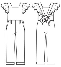 the front and back views of a jumpsuit with ruffles on the shoulders