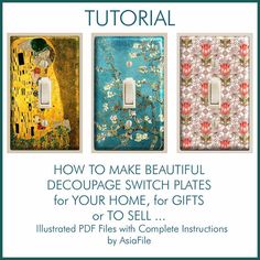 three switch plates with the words how to make beautiful decorative switch plates for your home, or sell